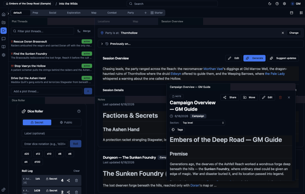 The session workspace with plot threads, notes, a dice roller, and an AI session overview
