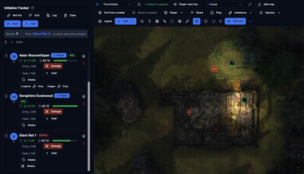 The initiative tracker beside a tactical battle map with lighting and fog