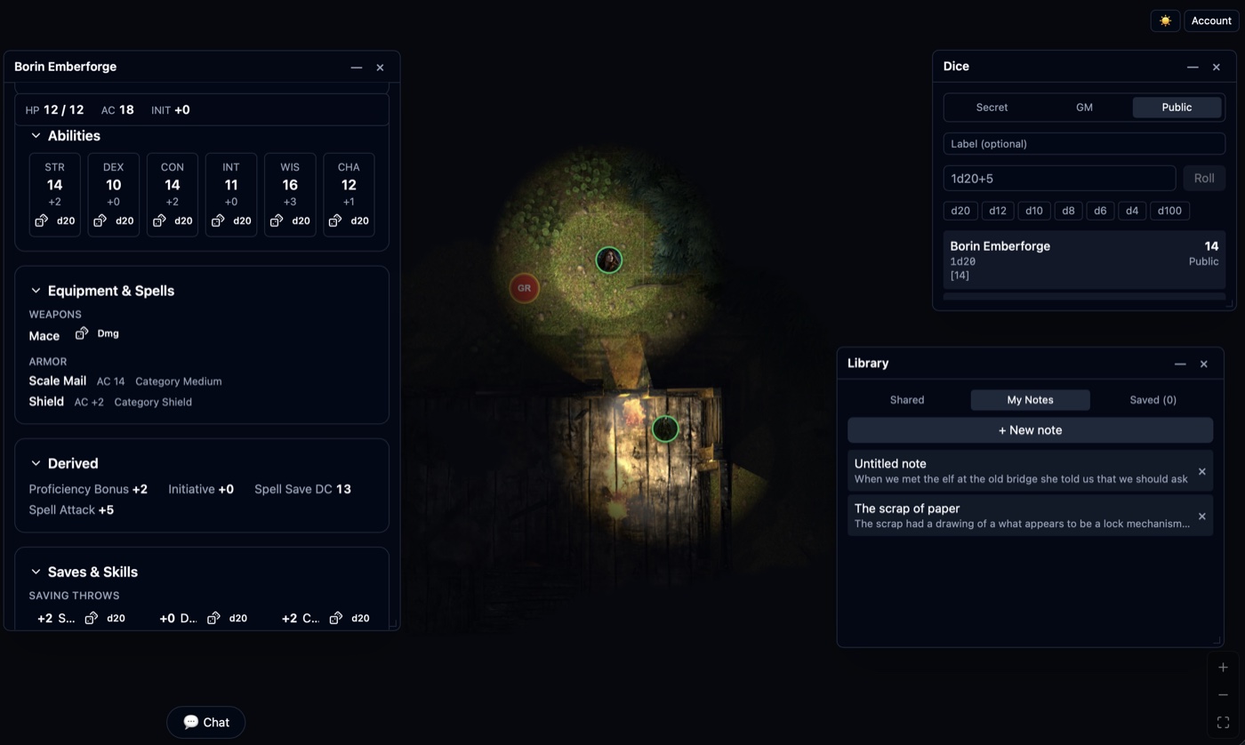 A player’s own view: their character sheet, the fog-filtered map, a dice roller, and shared notes
